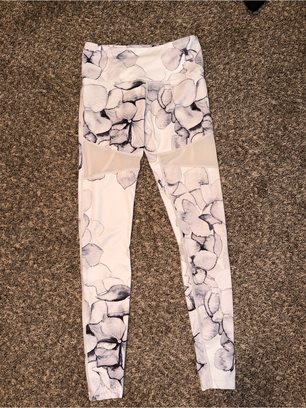 Athleta White Floral Print Leggings with Mesh Panels